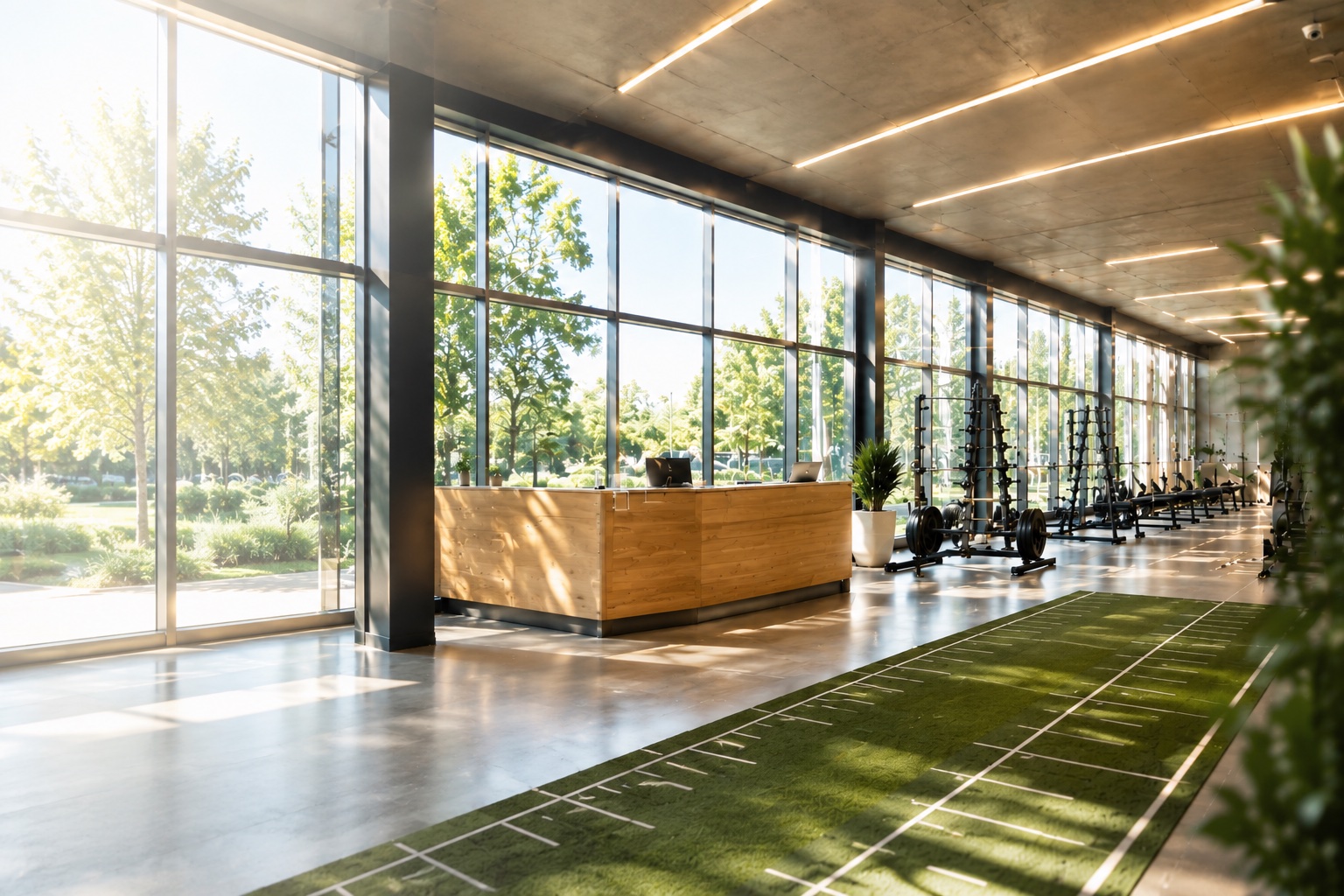 Bright, modern fitness venue with floor-to-ceiling windows and a turf sprint track